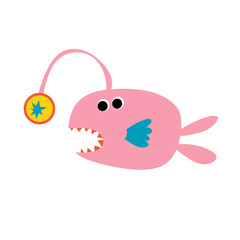 Underwater European anglerfish nursery childish activity playful character, fish, seashell, octopus, cute shark, starfish, crab, squid, 