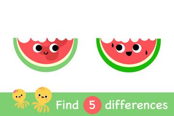 Watermelon find differences cute slices sweet juicy characters puzzle maze game activity worksheet page book cartoon vector art.