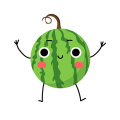 Cute happy cartoon watermelon character slices for educational childish games, books in simple doodle style flat smiling food fruit berry collection.