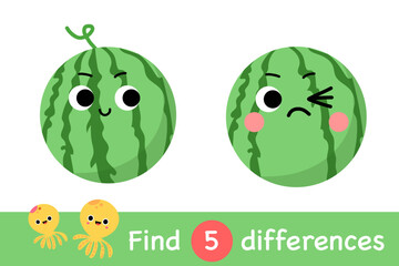
Watermelon find differences cute slices sweet juicy characters puzzle maze game activity worksheet page book cartoon vector art.