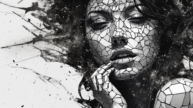 A Black and White Portrait Drawing of a Woman With Cracks in Her Face Representing Fragility and Being Broken, Grunge Style Illustration, Generative AI