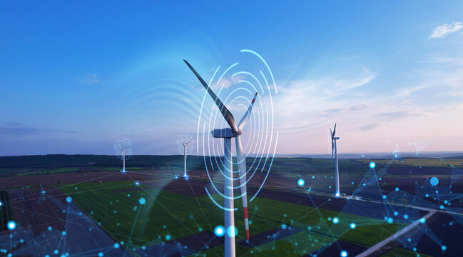 Process of rotating wind energy graphically.Virtual data technology.Green energy power production.