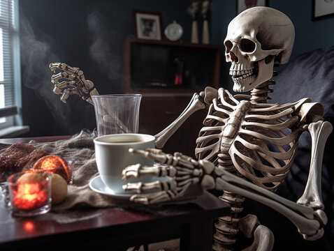 Skull skeleton drinking coffee illustration