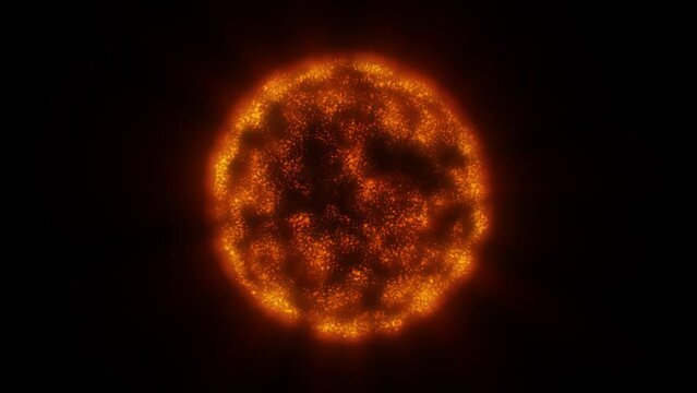 Abstract Sun with glowing plasma with tongues of flame.Sun with particles and ring of fire.Bright star, fire plasma ball.4K looped video