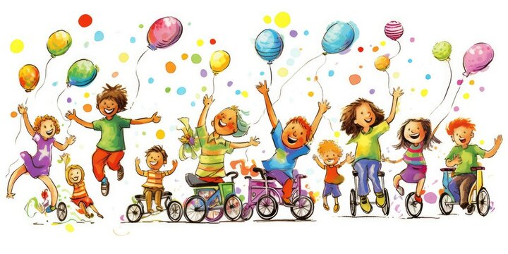 children day with illustration childern riding a bicycle holding baloon and jumping happy