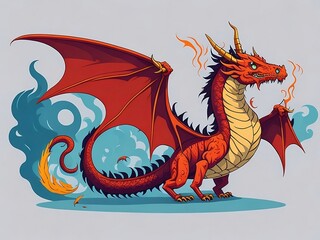 Naklejka premium Fairytale dragon, magic creature with tail and wings. cartoon illustration of fire breathing monsters from medieval mythology, Generative AI, Generative, AI