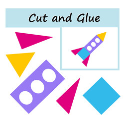 Educational paper game for kids. Cut parts of the image and glue on the paper. DIY worksheet. Cartoon rocket.