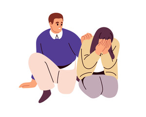 Man comforting, supporting sad crying woman. Depressed unhappy desperate person sobbing, weeping in bad whiny mood, despair, grief and sorrow. Flat vector illustration isolated on white background