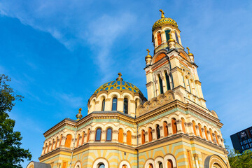 Fototapeta na wymiar Alexander Nevsky Eastern Orthodox cathedral at Kilinskiego street in historic industrial city center of Lodz old town in Poland
