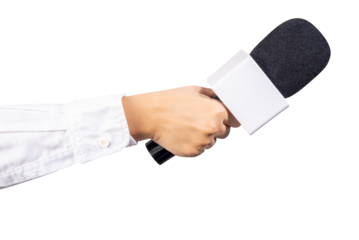Close up Reporter Hand, Hand Holding Microphone for speech or interview on Isolate on white background PNG File.