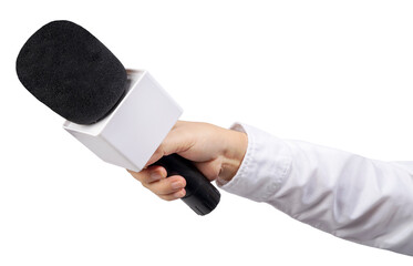 Close up Reporter Hand, Hand Holding Microphone for speech or interview on Isolate on white background PNG File.