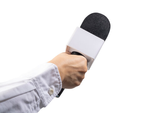 Close up Reporter Hand, Hand Holding Microphone for speech or interview on Isolate on white background PNG File.