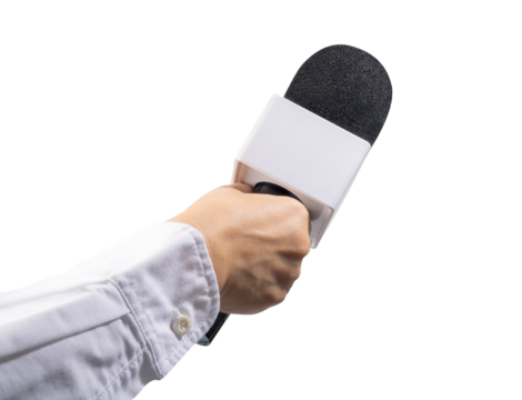 Close up Reporter Hand, Hand Holding Microphone for speech or interview on Isolate on white background PNG File.