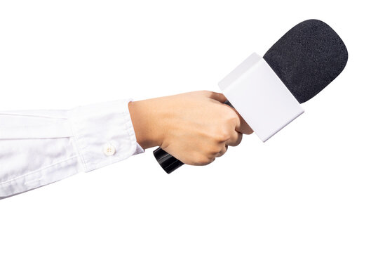 Close up Reporter Hand, Hand Holding Microphone for speech or interview on Isolate on white background PNG File.