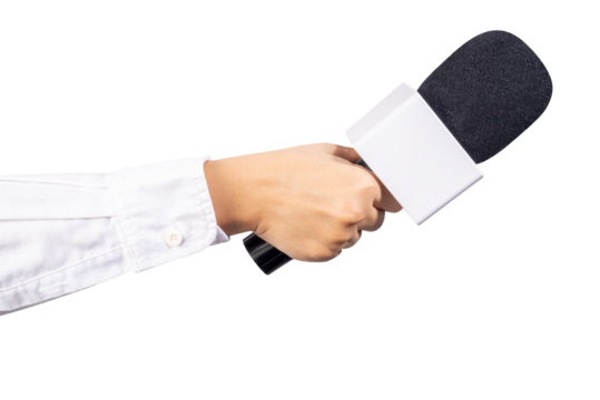 Close up Reporter Hand, Hand Holding Microphone for speech or interview on Isolate on white background PNG File.