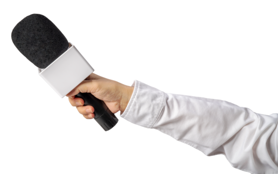Close up Reporter Hand, Hand Holding Microphone for speech or interview on Isolate on white background PNG File.