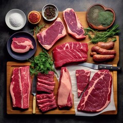 Raw beef steaks on cutting board with herbs and spices, top view created with generative AI technology