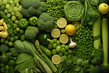 Composition with variety of green vegetables and fruits as background, top view created with generative AI technology