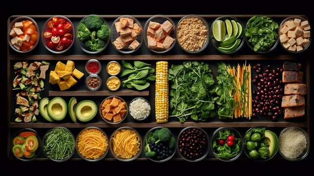 Healthy food selection in a wooden box. High resolution image gallery. created with generative AI technology