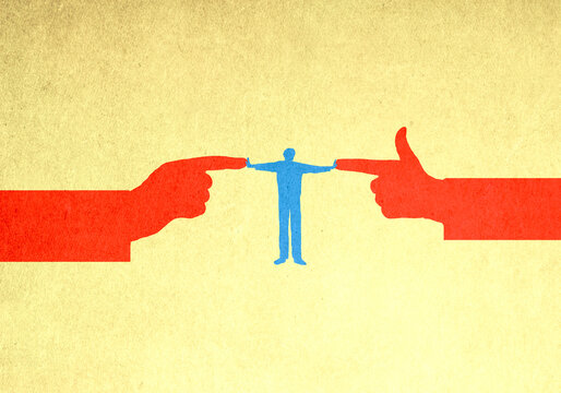 Illustration of man standing between two pointing hands