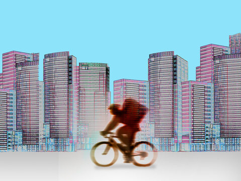 Illustration of cyclist riding past downtown skyscrapers