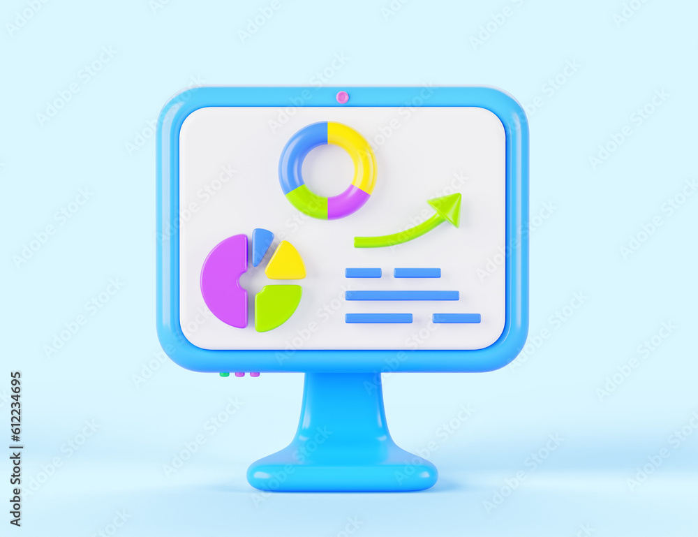 Poster computer monitor icon with isometric infographic chart and pie diagram on pc screen isolated on blue