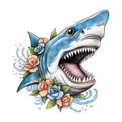 Shark head with open mouth and tattoo style flowers. Print on a t-shirt, cards shark on a transparent background. Generative AI.