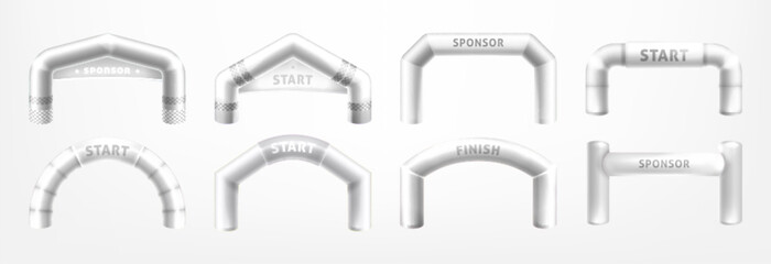 Set of realistic 3d white inflatable arches for sports competition. Arch gates of different shapes for marathon, races and outdoor sport events. Start and finish archways isolated on background. - obrazy, fototapety, plakaty
