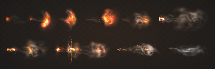 Realistic 3d flying bullets with smoke trace. Gun flashes with fire sparkles isolated on transparent background. Pistol shots clouds, muzzle shotgun explosion. Firearm projectiles, blast motion - obrazy, fototapety, plakaty