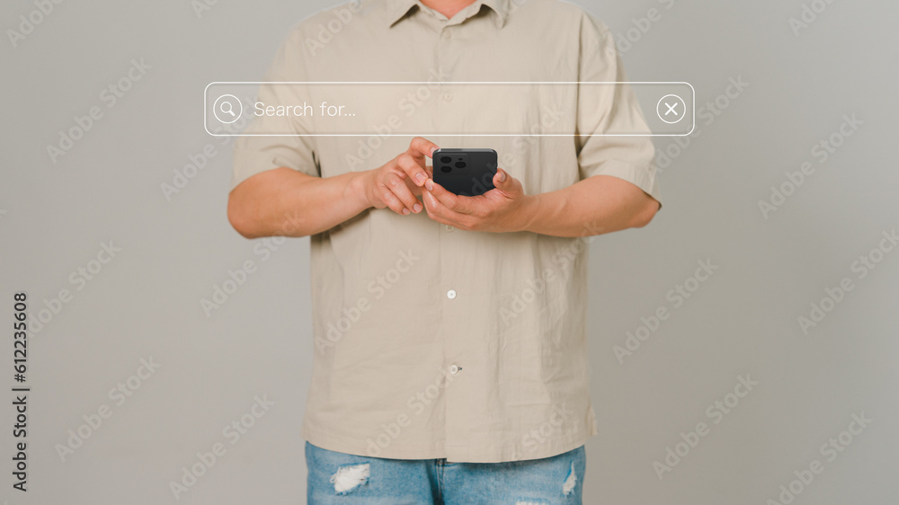 Poster Guy using a smartphone to connect to wifi at home. Search engine optimization of the internet with the search bar. Best SEO technology networking, Searching browsing internet data information concept.