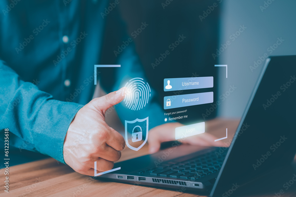 Poster Young man log in with fingerprint scanning technology in the computer laptop. Secure encryption and access to the user's private information to access the internet.