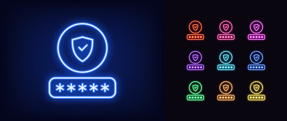 Outline neon password check icon set. Glowing neon password input with shield sign, safe login in user account. Strong password and protection guarantee, secure account access in profile