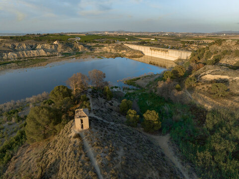 Drone images of Los Rodeos reservoir in Murcia, southern Spain.