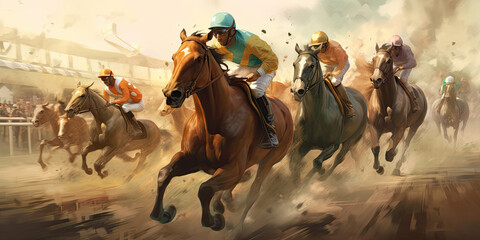Fototapeta na wymiar Horse racing illustration. Generative AI