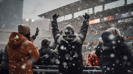 Fans celebrating the success of their favorite sports team on the stands of the professional stadium while it's snowing. Generative ai.
