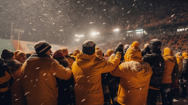 Fans Celebrating The Success Of Their Favorite Sports Team On The Stands Of The Professional Stadium While It's Snowing. Generative Ai.