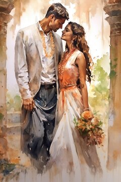 Watercolor Painting of an Indian Couple, Celebrating the Rich and Timeless Romance