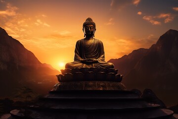 Buddha Statue Silhouetted against a Mountain at Sunset, Embodying Serenity and Spiritual Harmony