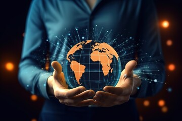 Businessman Holding the World in His Hands, Embodied with Technology Concept Background, Symbolizing Global Connectivity and Innovation