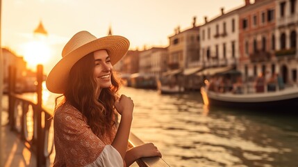 Elegant Woman with a Radiant Smile, Wearing a Straw Hat, on a Canal Bridge along the Grand Canal in Venice - Embracing the Magic of the Momen - obrazy, fototapety, plakaty