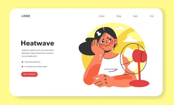 Heat wave web banner or landing page. Female character suffering