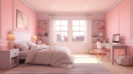 Blushing Haven: Modern Design Girl's Bedroom with a Chic Pink Wall, Cozy Bed, and Contemporary Flair