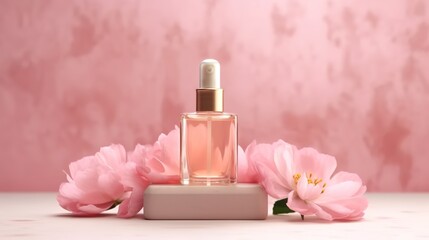 Obraz na płótnie Canvas bottle of perfume on a pink background. Fragrance presentation with daylight. Trending concept in natural materials with sakura flowers. Women's and men's essence.