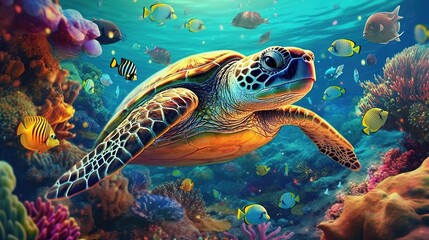 Obraz premium Digital Art Depicting a Majestic Sea Turtle Swimming in Vibrant Waters