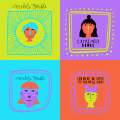 A set of 4 characters with a funny handwritten quote. Character builder. Modern faces in colorful, vivid colors.
