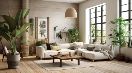 Room with Inspiring Painting, Cozy Sofa, Natural Light, and Window Framing Tranquil Nature View