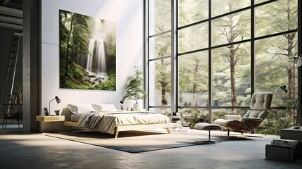 Fototapeta na wymiar Contemporary Bedroom with Majestic Waterfall Painting and Expansive Window Offering Tranquil Nature Views
