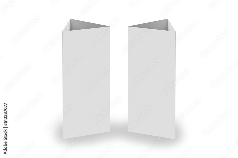 Poster blank paper vertical triangle cards on white background with shadows. left and right view. table sta