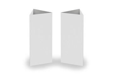 Blank paper vertical triangle cards on white background with shadows. Left and right view. Table stand menu mockup isolated.3d rendering.