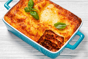 lasagne al forno, italian beef lasagna, top view - obrazy, fototapety, plakaty